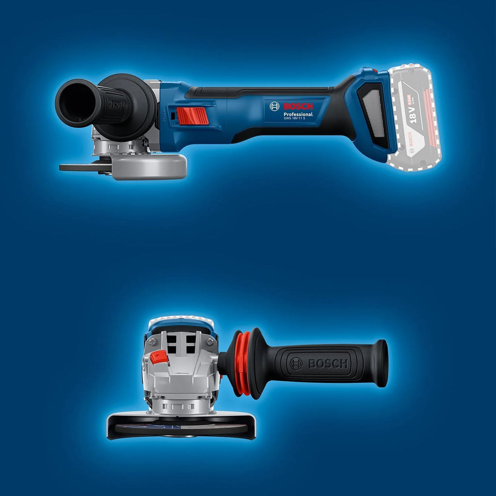 Bosch Professional 18 V firmy Bosch: akumulatorowa szlifierka kątowa GWS 18V-11 S (Ø tarczy 125 mm, 2x GBA 5.0Ah, ładowarka GAL 1880, walizka L-BOXX)