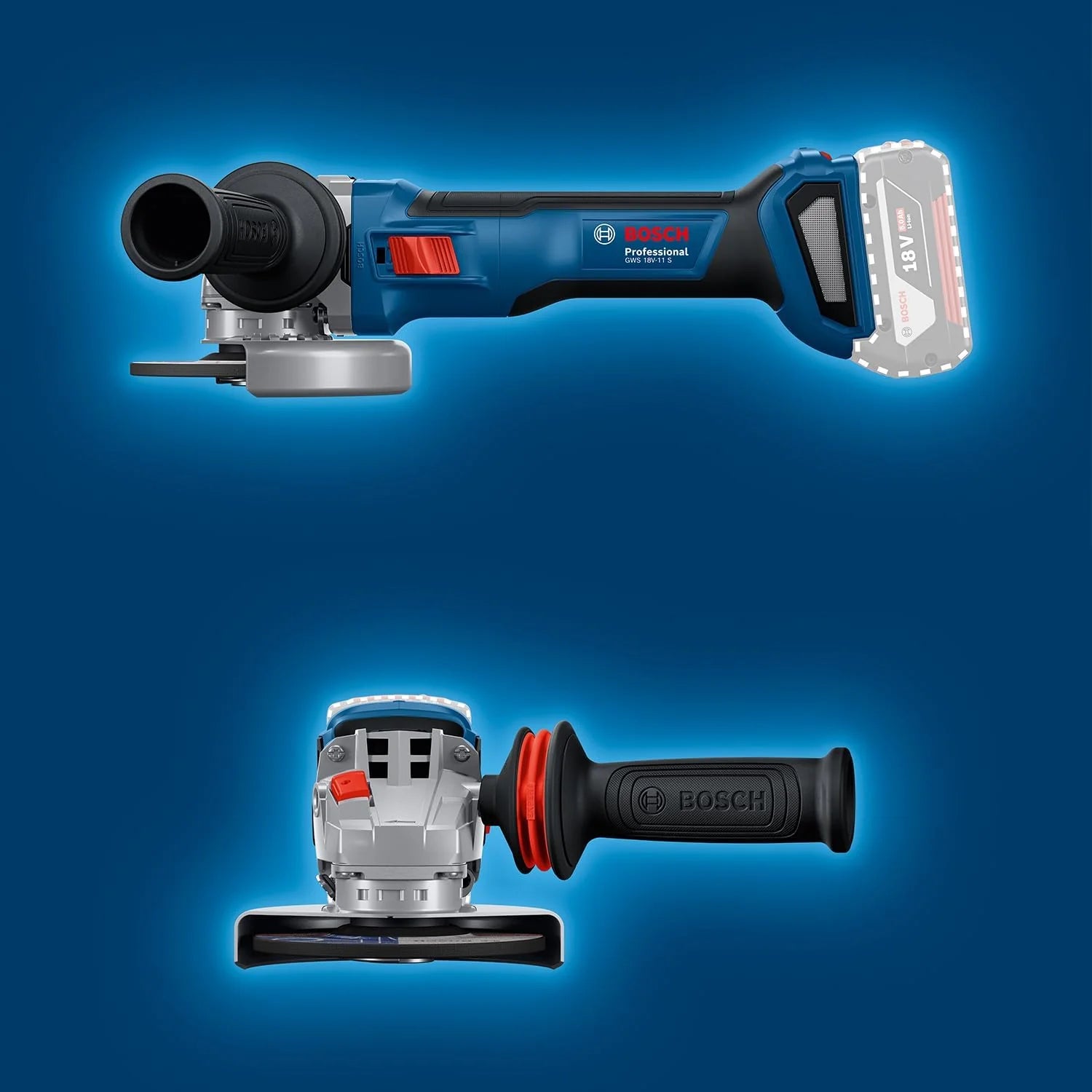 Bosch Professional 18 V firmy Bosch: akumulatorowa szlifierka kątowa GWS 18V-11 S (Ø tarczy 125 mm, 2x GBA 5.0Ah, ładowarka GAL 1880, walizka L-BOXX)