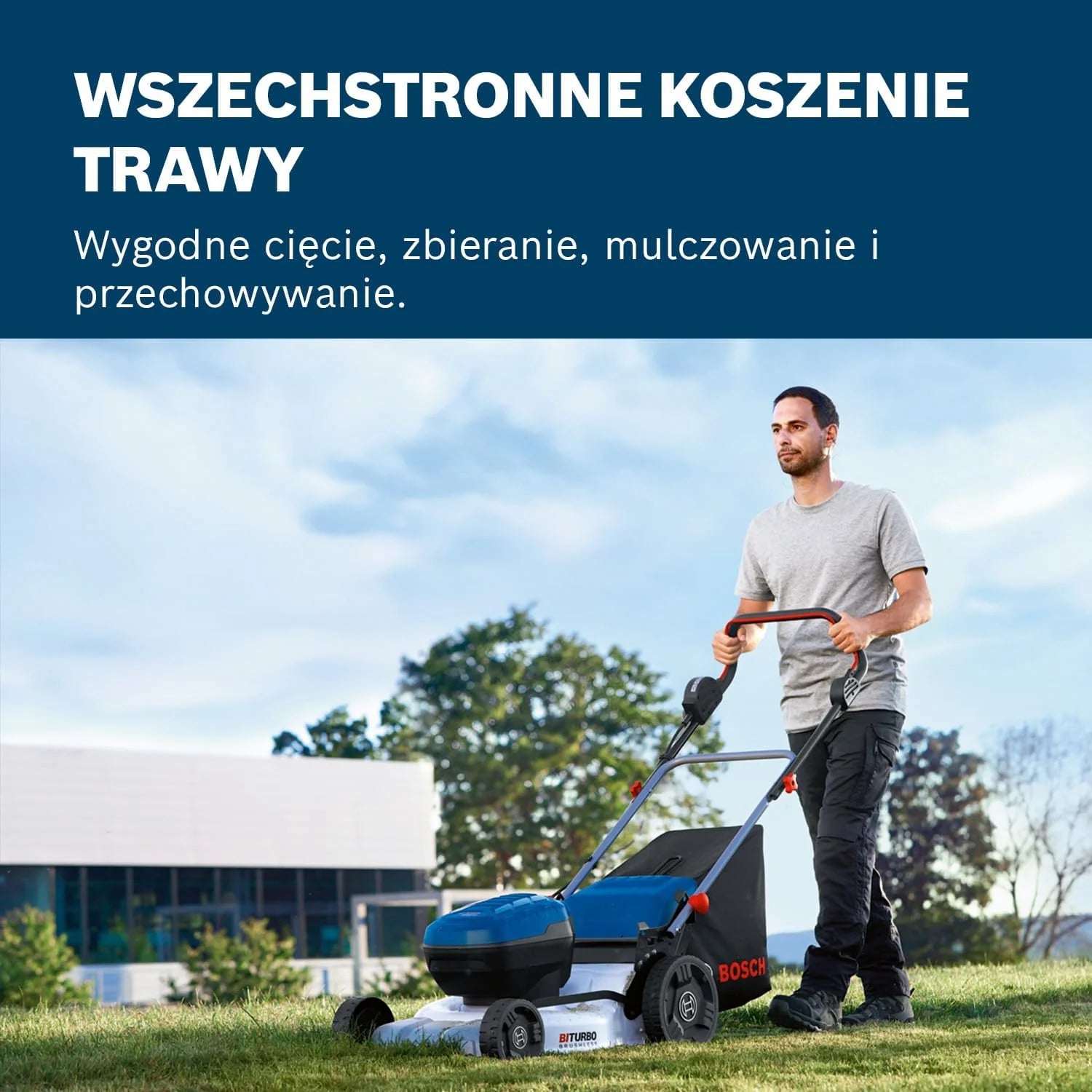 System profesjonalny 18 V firmy Bosch: kosiarka akum. GRA 18V2-46 (szer. cięcia: 46 cm, 6-stopniowa regulacja wys. cięcia, materiałowy worek na trawę 60 l, 2 klucze zapłonu, przystawka do mulczowania)