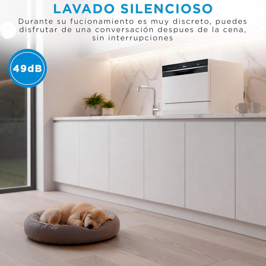 Midea Mała zmywarka, biała, 55 cm, dla 6 osób, kompaktowa i przenośna, bez instalacji, zmywarka z aplikacją Control, 6 programów, filtr antybakteryjny 49 dB, nowy model