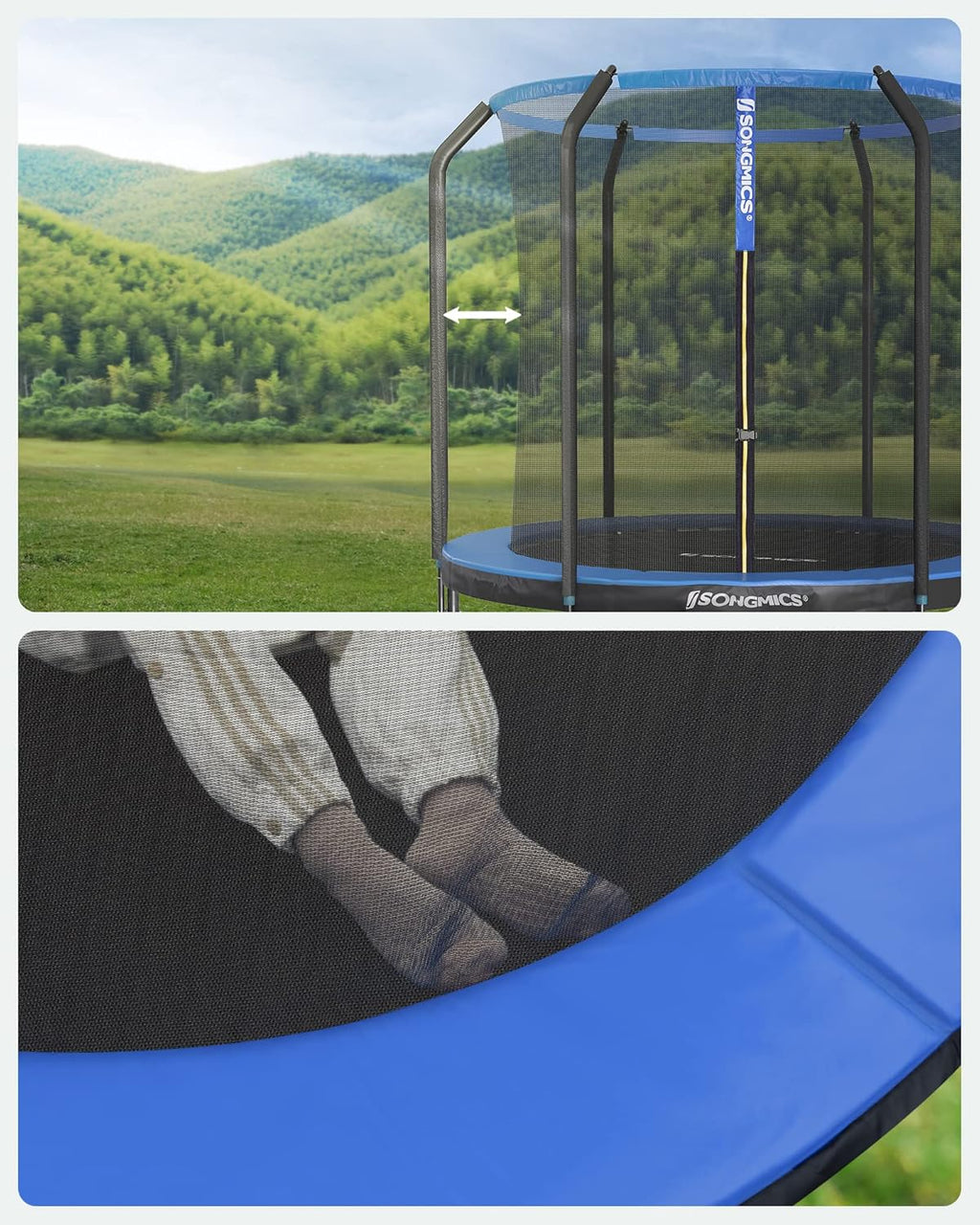 SONGMICS Trampolina Ø 244/305/366/427 cm, certyfikat TÜV Rheinland GS, okrągła trampolina ogrodowa z siatką zabezpieczającą i drabinką, wyściełany stelaż, dla dzieci i dorosłych