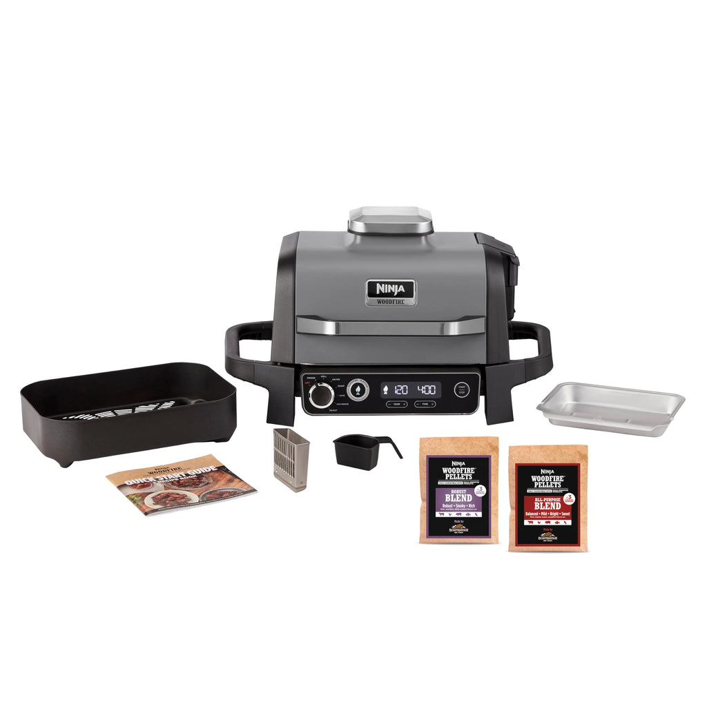 Ninja Woodfire Grill elektryczny, wędzarnia i frytkownica beztłuszczowa, 7 w 1, zewnętrzny, wędzenie, opiekanie, ciasta, odporny na pogodę, nieprzywierający, przenośny, szary/czarny OG701EU