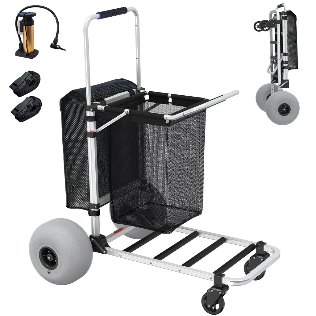 Foldable Beach Cart with Adjustable Handle and 12 Balloon Wheels, Heavy Duty Aluminum 220LBS Capacity