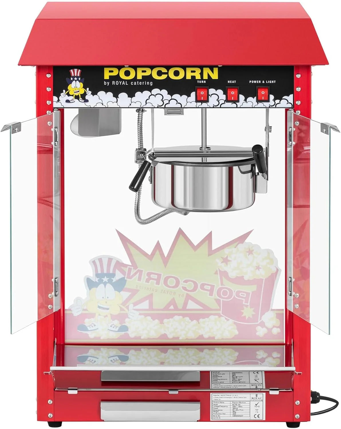 Royal Catering Maszyna do popcornu retro RCPS-14 profesjonalna maszyna do popcornu, 1495 W, z cyklem roboczym, moc robocza 120 s, 5 kg/h, pow?oka garnkowa teflonowa