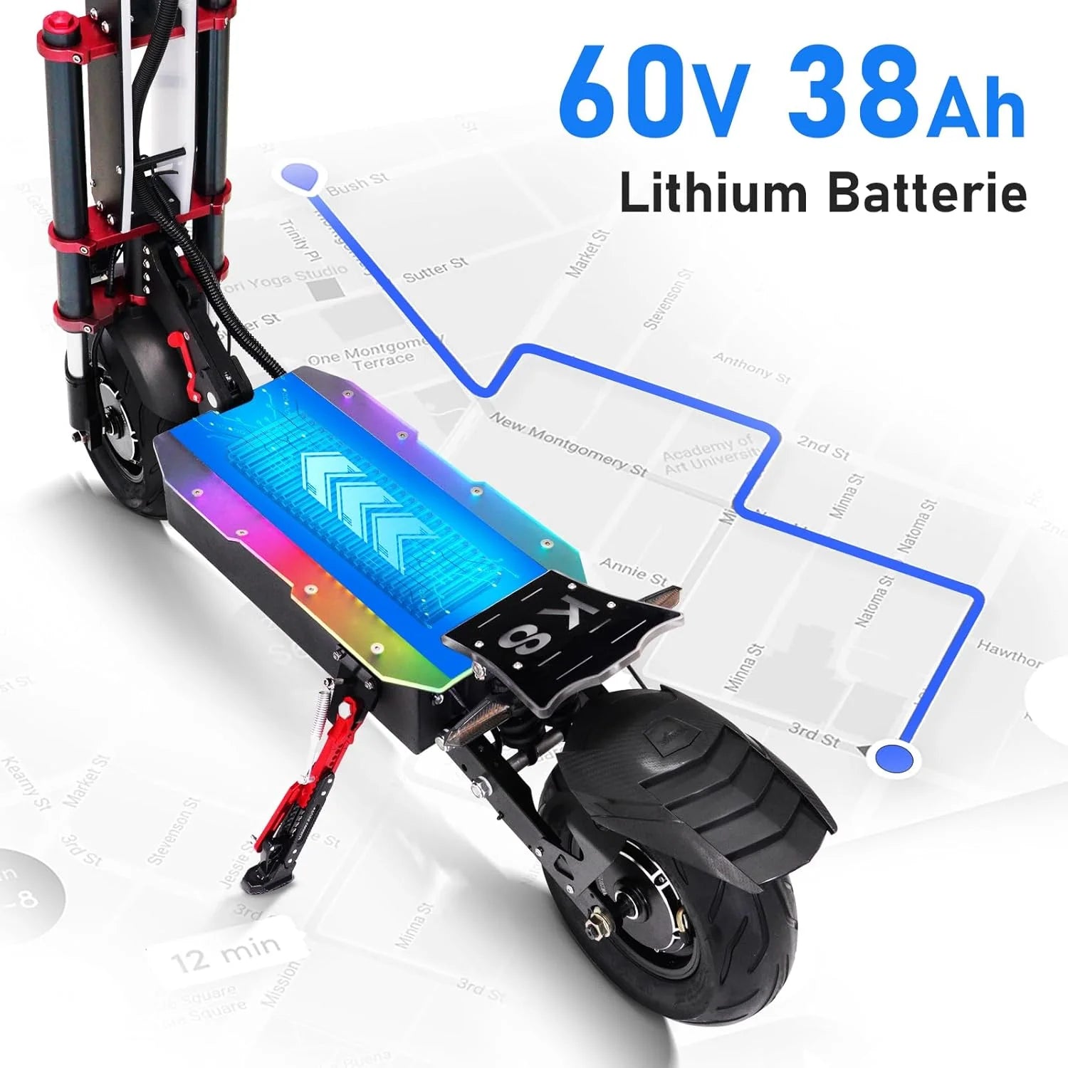 Hulajnoga elektryczna Lohang dla dorosłych, podwójne silniki, akumulator 60 V 38 Ah, zasięg 100 KM, opony 12, podwójne amortyzatory, podwójne hydrauliczne hamulce tarczowe, składane, nośność 250 kg