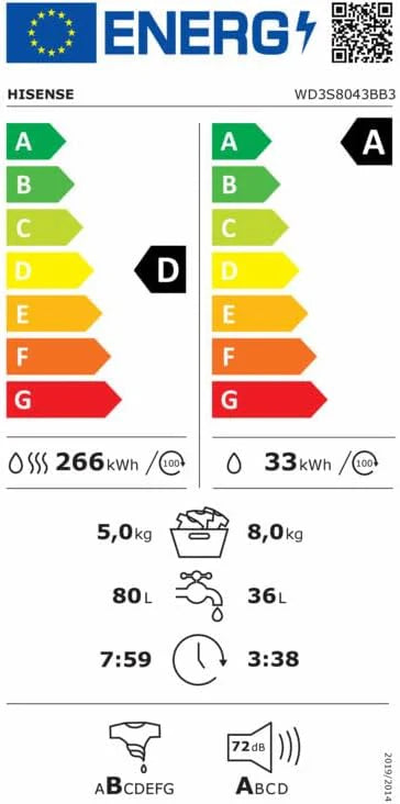 Hinsense WD3S8043BB3 pralko-suszarka ConnectLife /16 programów/8 kg, 54 litry/1400 obr./min/funkcja pary/JetWash/program antyalergiczny/program automatyczny/Eco Wash/Odświeżanie pary/wełna/EEK A-D