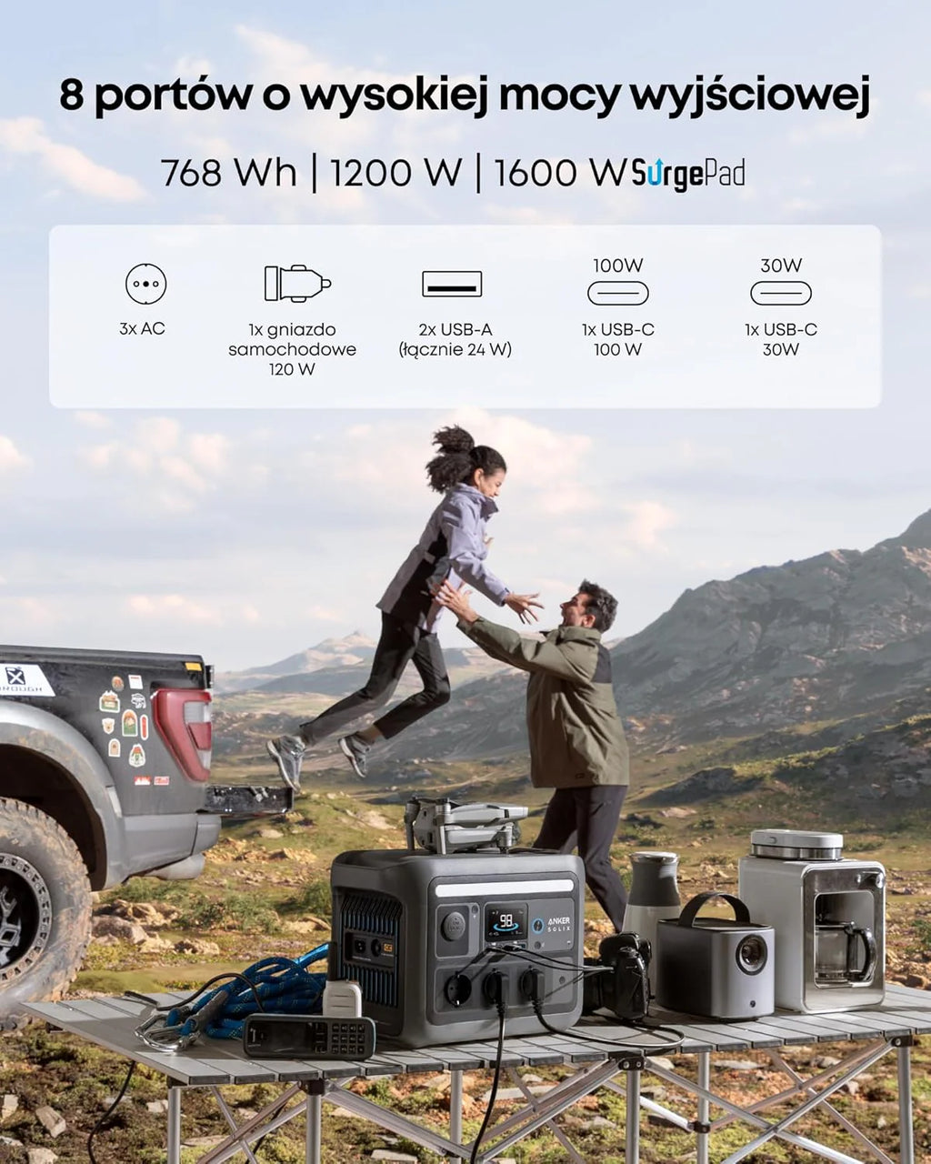 Przenośna stacja zasilania SOLIX C800 firmy anker, generator słoneczny 1200 W (maks. 1600 W), ładowanie w 58 min., akumulator LiFePO4 768 Wh na biwakowania, podróże czy awarie prądu
