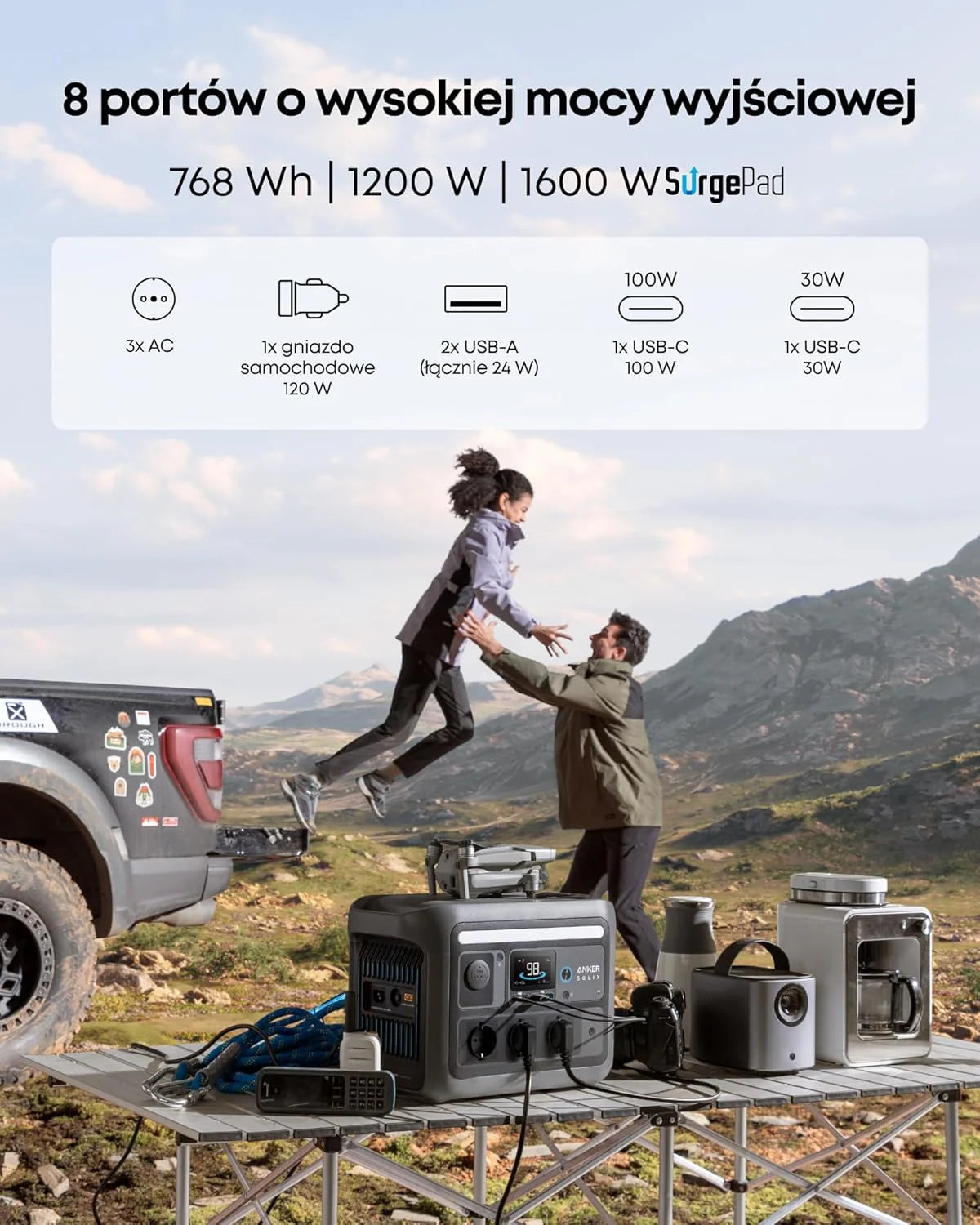 Przenośna stacja zasilania SOLIX C800 firmy anker, generator słoneczny 1200 W (maks. 1600 W), ładowanie w 58 min., akumulator LiFePO4 768 Wh na biwakowania, podróże czy awarie prądu