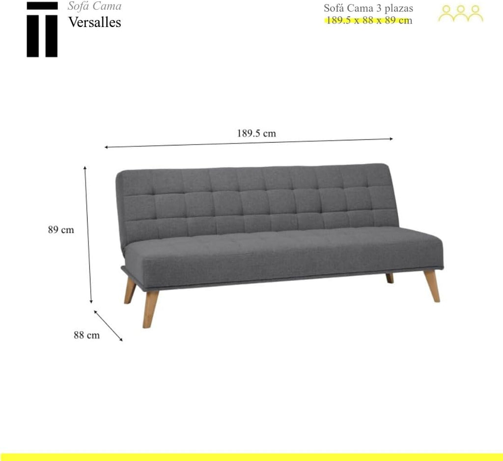 SHIITO | Model Versailles – Sofa rozkładana Click-Clack | Elegancja i wygoda spotykają się | Pikowane wykończenie w kolorze szarym | 189,5 x 88 x 89 cm