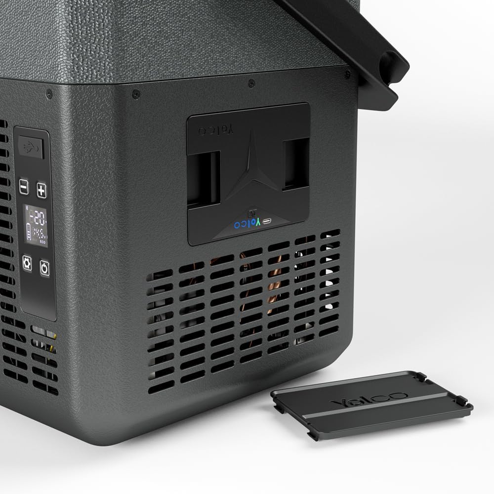 Yolco ET18 Carbon kompresorowa lodówka turystyczna 18 l z akumulatorem SC4B – przenośna lodówka i zamrażarka do -20°C, 12/24 V DC i 230 V, USB, do samochodu, ciężarówki, łodzi, na kemping, szara