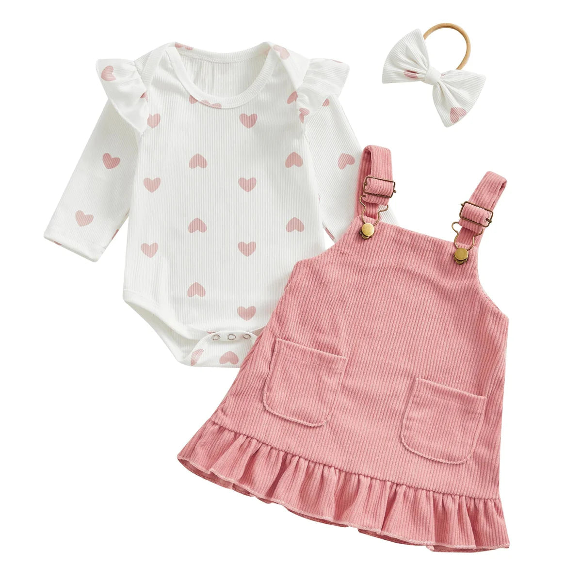 Baby Girls Outfits Heart Print Romper | Suspender Skirt | Headband Set