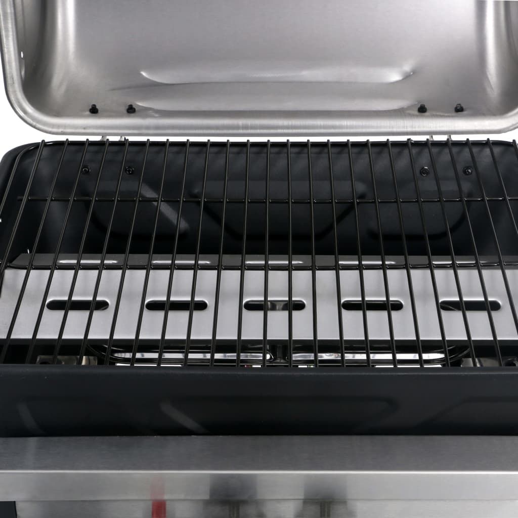 VidaXL przenośny grill gazowy ze stolikiem bocznym i 3 półkami, czarno-srebrny