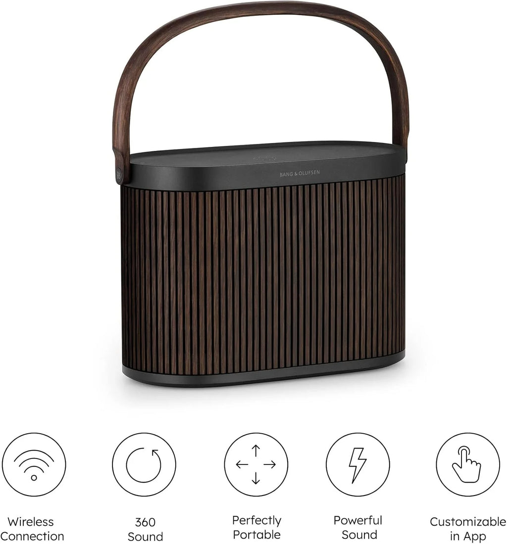 Bang & Olufsen Beosound A5 - Potężny luksusowy przenośny głośnik modułowy Bluetooth i WiFi do domu lub na zewnątrz, z długą żywotnością baterii i wbudowanym bezprzewodowym ładowaniem - Dark Oak