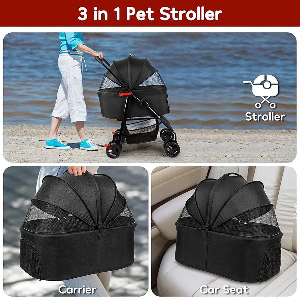 Wózek dla zwierząt Premium Pet Stroller Cat Dog Wózki dla średnich psów, 3 w 1 składany wózek dla kota (czerwony)