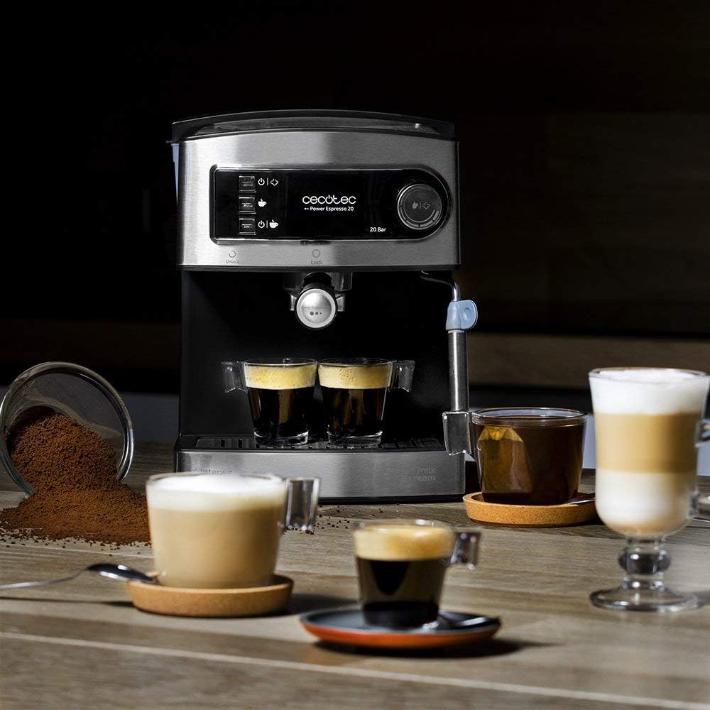 Cecotec Ekspres do kawy z podwójnym wyjściem Power Espresso 20 Barista Cream. 1550 W, 20 prętów, zbiornik na ziarna kawy 250g, młynek z 30 poziomami mielenia, termoblok, zbiornik na wodę 2.5 L
