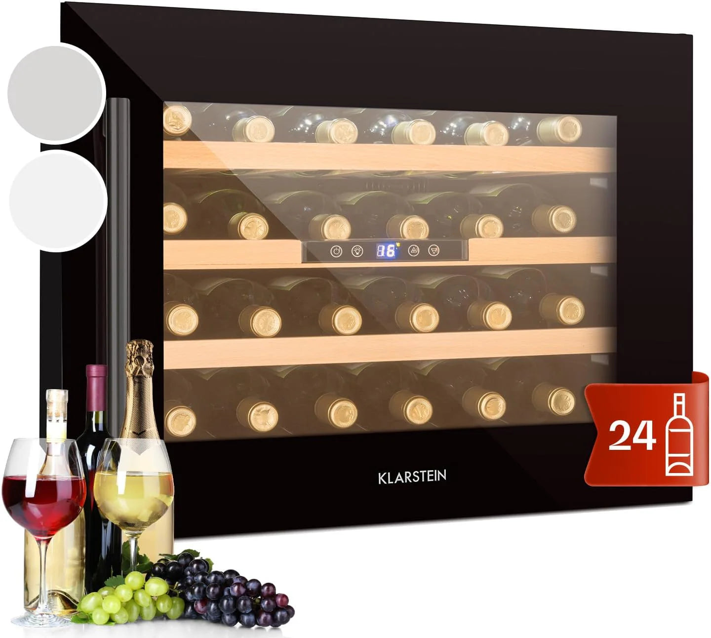 Klarstein Vinsider 24 Chłodziarka do wina Onyx Edition ze szklanymi drzwiami - chłodziarka do wina, szafka do temperowania wina, urządzenie do zabudowy, 24 butelki, 5-22 ° C, wyświetlacz LED, 3 półki, oświetlenie wewnętrzne, czarny