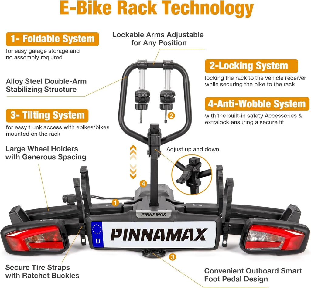 EBike Bagażnik rowerowy na 2 rowery - Składany i obrotowy bagażnik tylny na hak holowniczy do 60 kg - Bagażnik rowerowy z ochroną przed kradzieżą, tylnym światłem i uchwytem na tablicę