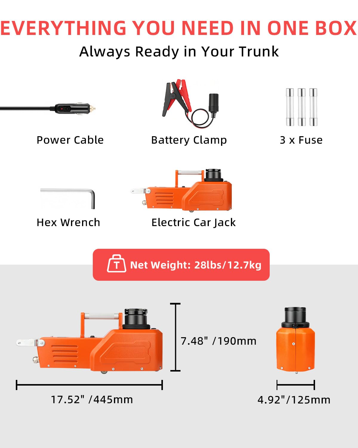 Electric Car Jack, 5 Ton Hydraulic Floor Jack with Electric Impact Wrench, Tire Inflator & LED Light, Lift Range 6.1-17.7 Inch, Emergency Roadside Tire Changing Kit for SUV Sedan Truck