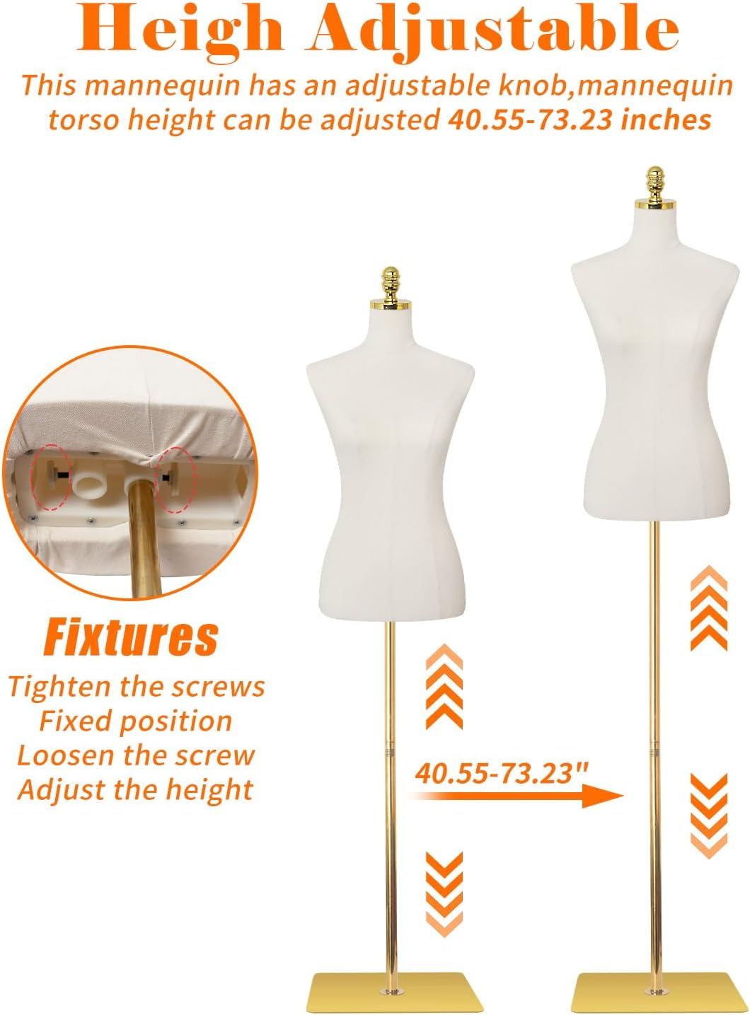 Mannequin Torso Dress Form 40.55-73.23 Inch Height Adjustable Female Model Display Mannequin Body with Metal Bracket and Rectangular Base for Sewing Dressmakers Dress Jewelry Display, Beige