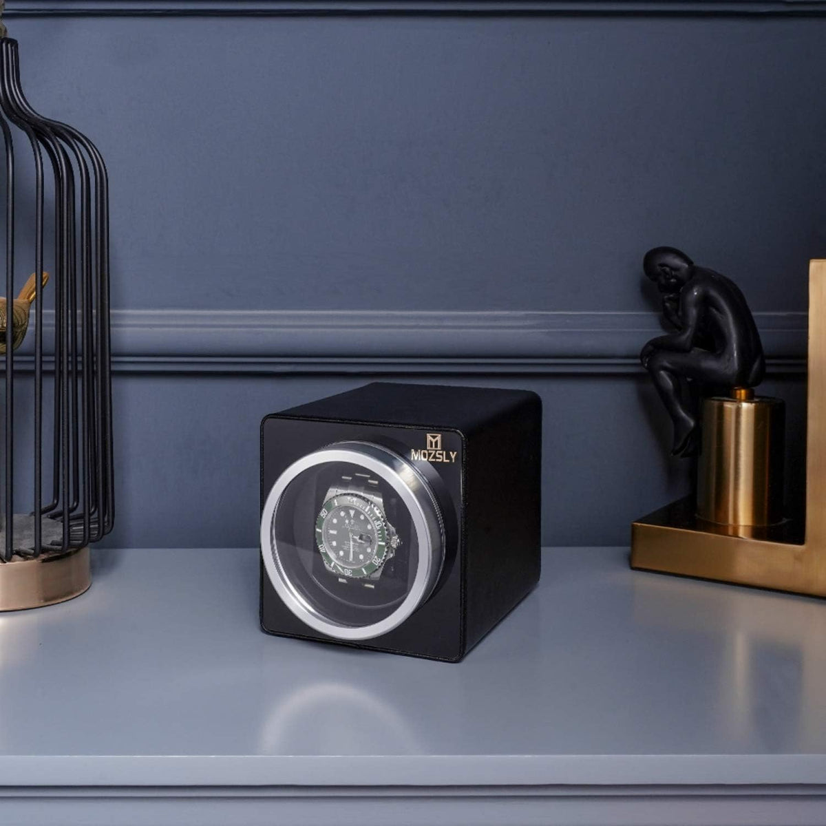 MOZSLY Watch Winder for Automatic Watches Single Rotating Watch Box with Quiet Motor 12 Rotation Mode Setting Battery Powered or AC Adapter PU Leather