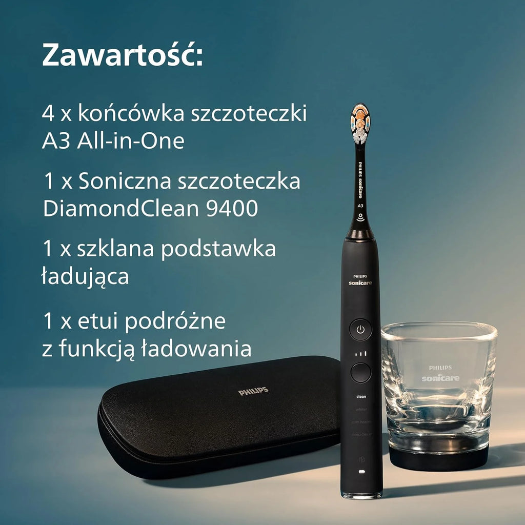 Elektryczna szczoteczka Philips Sonicare DiamondClean Smart 9400, soniczna szczoteczka do zębów z aplikacją, czujnik nacisku, 4 tryby szczotkowania i 3 poziomy intensywności, kolor czarny, HX9918/89