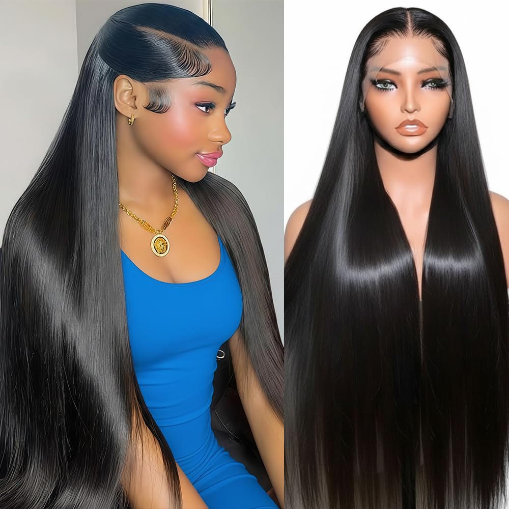 Lace Front Wigs Human Hair 32 Inch 12A Virgin Straight Human Hair Wig 200 Density Soft 13x6 Lace Front Wigs Human Hair Pre Plucked Invisilbe Hairline Glueless HD Frontal Wig Natural Black