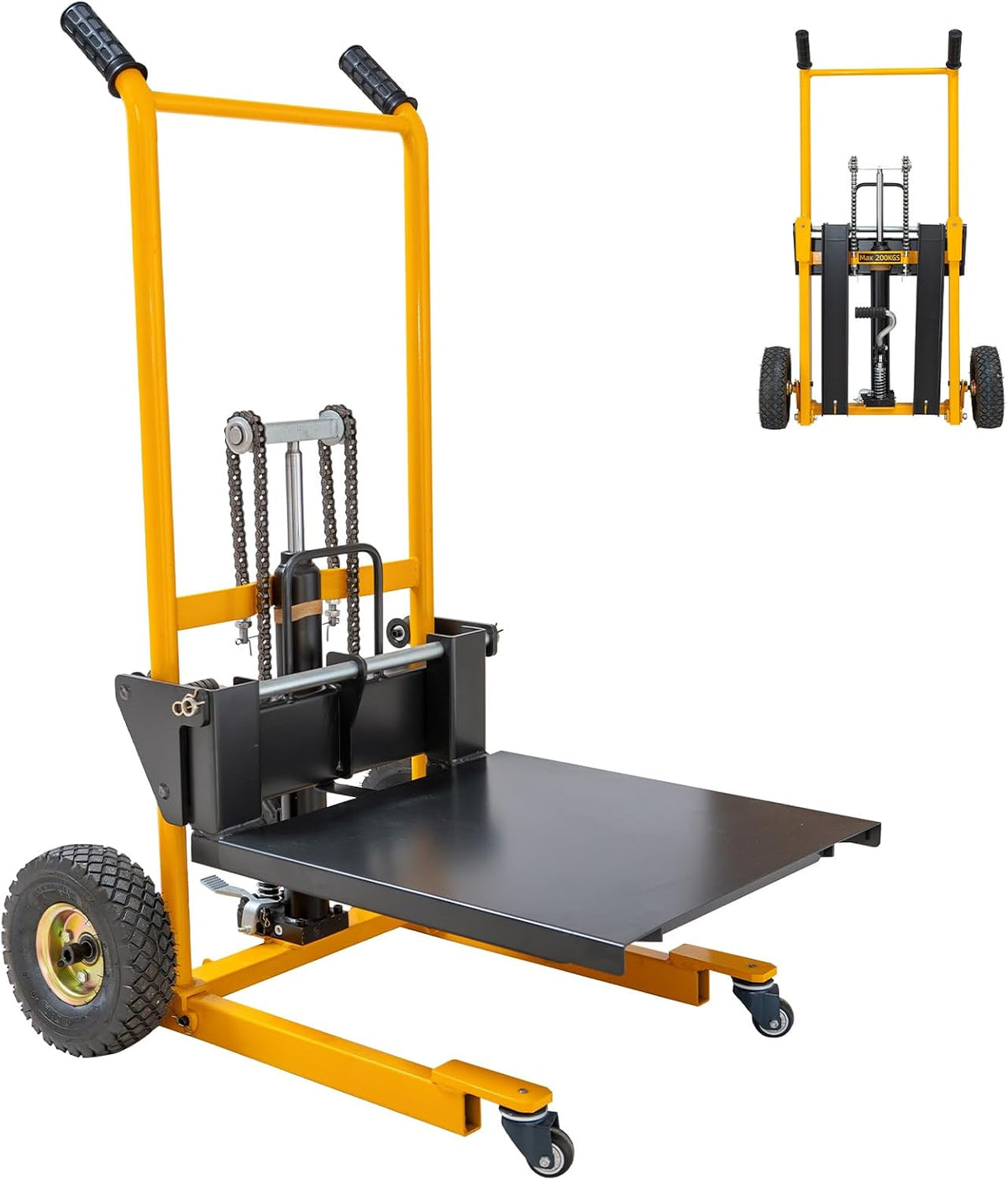 MMS Foldable Hydraulic Material Lift Winch Stacker, 450 Lbs 35.8" Max Lift w/ 9" Wheels 360Â° Swivel Casters, Pallet Truck Dolly, Fork Lift Table Cart, Pallet Jack, Removable Platform, Adjustable Forks