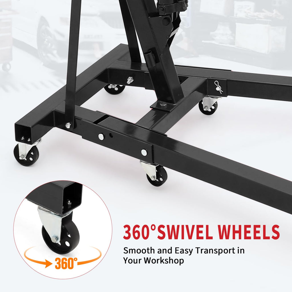 2-Ton Folding Engine Hoist Cherry Picker 4400 Lb Capacity Hydraulic Shop Crane with Telescoping Boom 6 Caster Wheels for Automotive Repair Garage Use Includes Hitch and Storage Stand Orange