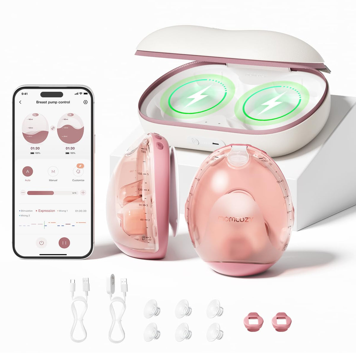 Momcozy M5 Lite Hands-Free Wearable Breast Pump, DoubleFit Flange for Baby-Like Comfort, 3 Modes & 9 Suction Levels, No Flange Insert or Hard Carry Case, 24mm, 2-Pack, Cozy Red