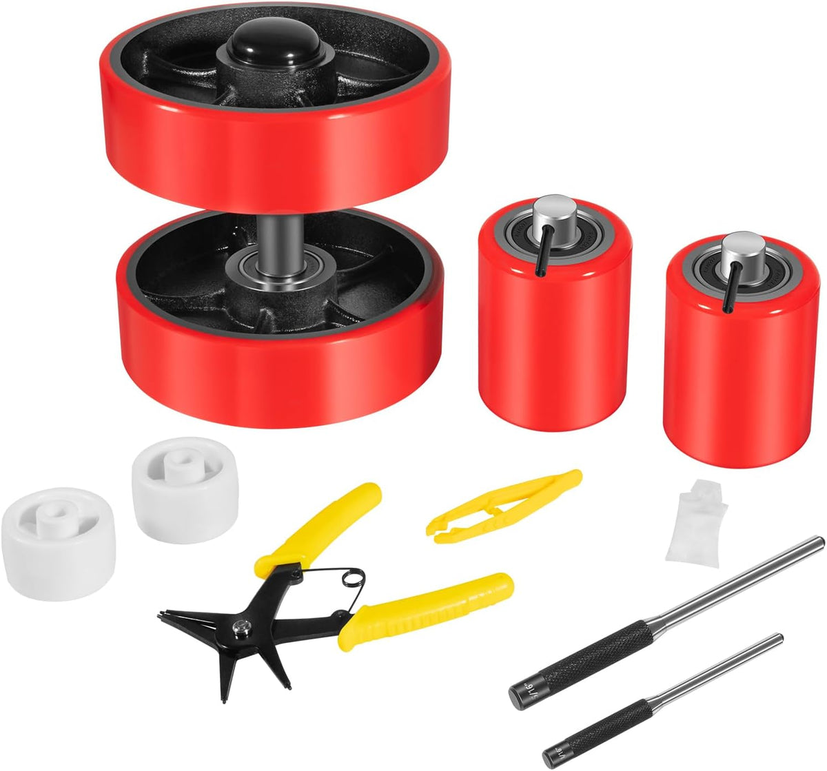 Pallet Jack/Truck Full Wheel Replacement Kit, Pair Steering Wheels (7"x 2"), Pair Front Load Roller(3" x 3.75"), with Pre-Installed Bearings, Axles, 20mm ID Poly Tread, Entry Rollers, Install Tool Kit