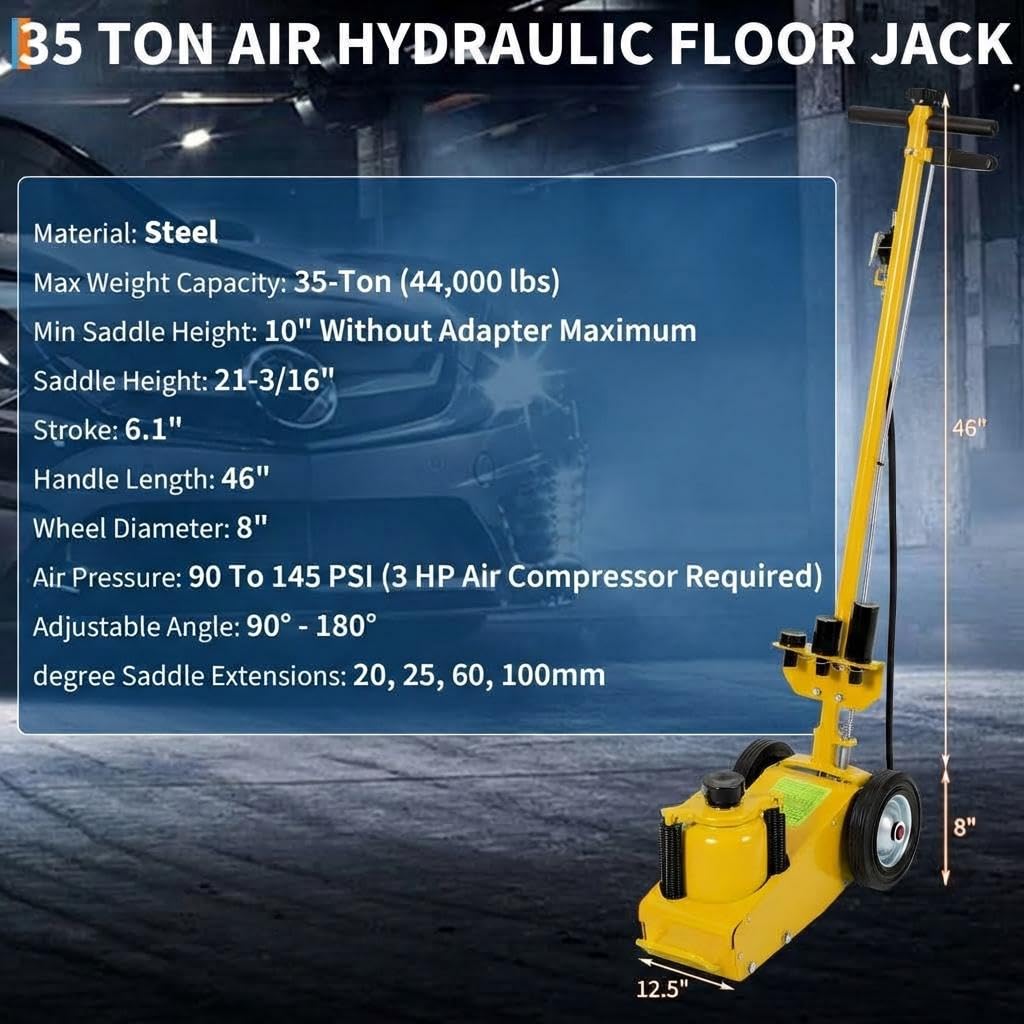 GarveeTech 22 Ton Air Hydraulic Floor Jack for Heavy Duty Trucks & Tractors â Low Profile (9"-17.7"), 4 Adapters, 46" Adjustable Handle â 44,000 Lbs Capacity