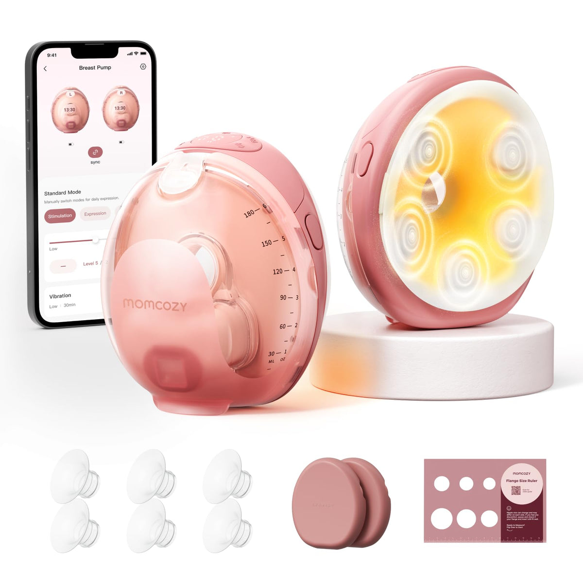 Momcozy M5 Lite Hands-Free Wearable Breast Pump, DoubleFit Flange for Baby-Like Comfort, 3 Modes & 9 Suction Levels, No Flange Insert or Hard Carry Case, 24mm, 2-Pack, Cozy Red