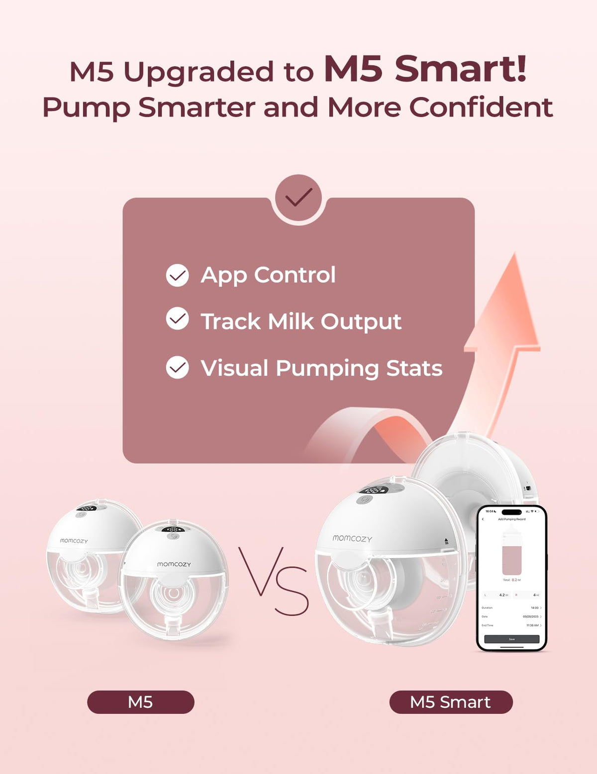 Momcozy M5 Lite Hands-Free Wearable Breast Pump, DoubleFit Flange for Baby-Like Comfort, 3 Modes & 9 Suction Levels, No Flange Insert or Hard Carry Case, 24mm, 2-Pack, Cozy Red