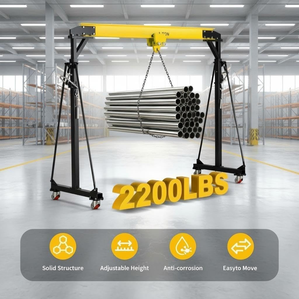 1 Ton Gantry Crane, 8-12FT, 2200LBS, Manual Trolley