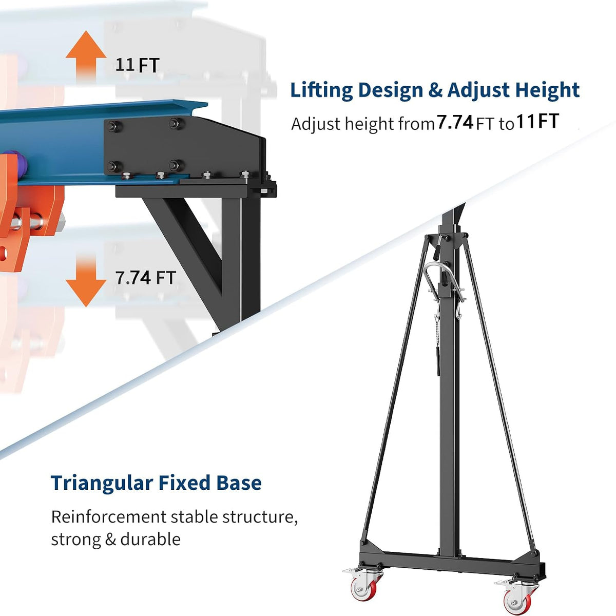Garvee 4400LBS Gantry Crane, 2 Ton Shop Lift Hoist 8-11 FT with Trolley