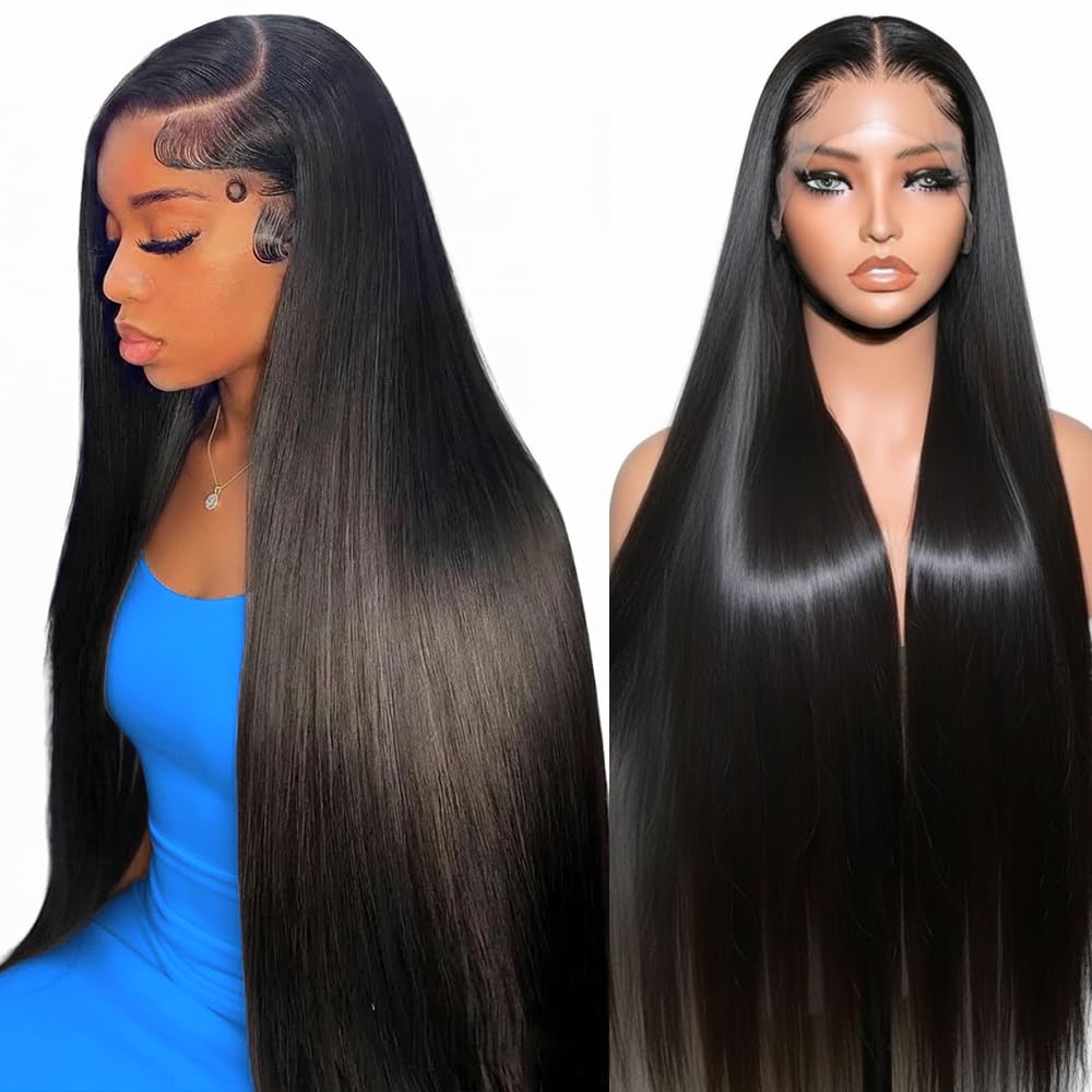 Lace Front Wigs Human Hair 32 Inch 12A Virgin Straight Human Hair Wig 200 Density Soft 13x6 Lace Front Wigs Human Hair Pre Plucked Invisilbe Hairline Glueless HD Frontal Wig Natural Black