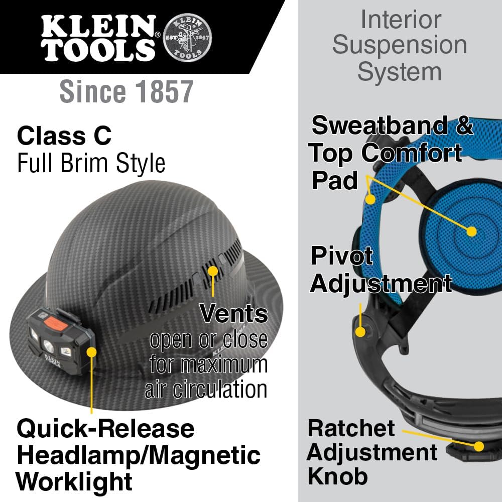 Klein Tools KARBN Full Brim Vented Hard hat, Class C, Premium Comfort and Jobsite Protection