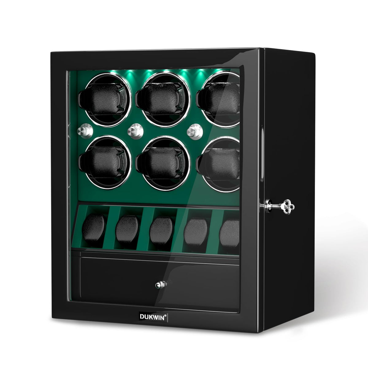 DUKWIN Watch Winder for Automatic Watches, Lockable Watch Winders with Watch and Jewelry Storages, Super Quiet Mabuchi Motor with High-Gloss Piano Lacquer Finish,Built-in Illumination