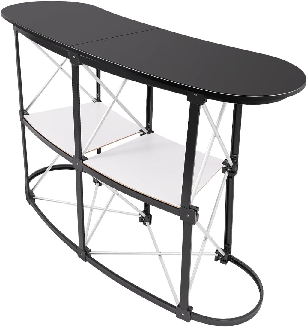 LOYALHEARTDY 51" Checkout Stand, Portable Mobile Bar Table for Events, Podium Pop up Desk with 2 Storage Rack, Trade Show Table Curved Reception Desk for Holding Special Events, Speeches