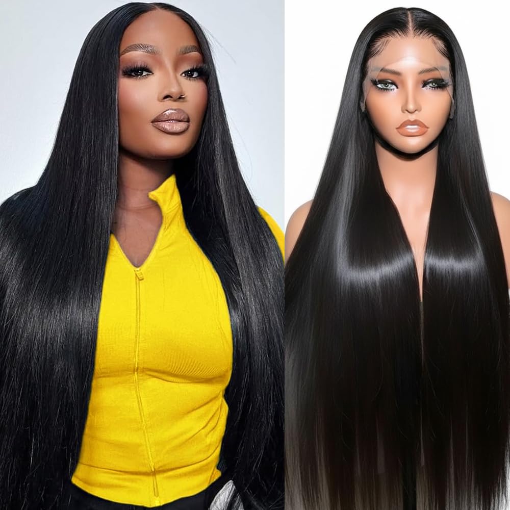 Lace Front Wigs Human Hair 32 Inch 12A Virgin Straight Human Hair Wig 200 Density Soft 13x6 Lace Front Wigs Human Hair Pre Plucked Invisilbe Hairline Glueless HD Frontal Wig Natural Black