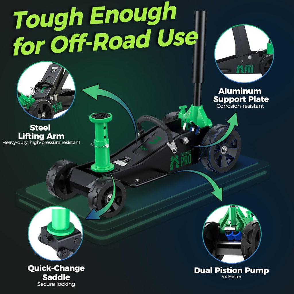 Off-Road Jack 3 Ton, Aluminum Floor Jack with 3 Replaceable Wheel Sizes
