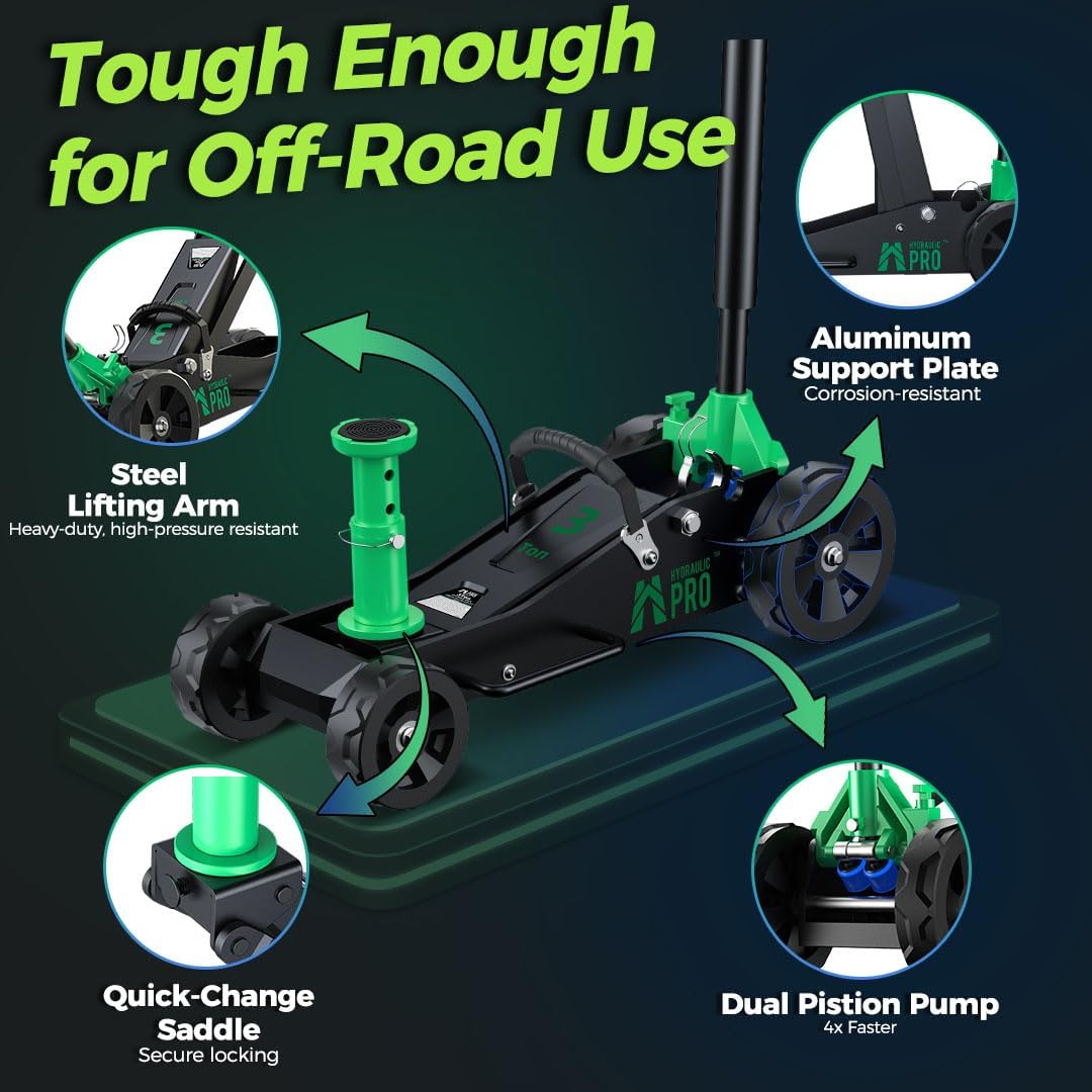 Off-Road Jack 3 Ton, Aluminum Floor Jack with 3 Replaceable Wheel Sizes