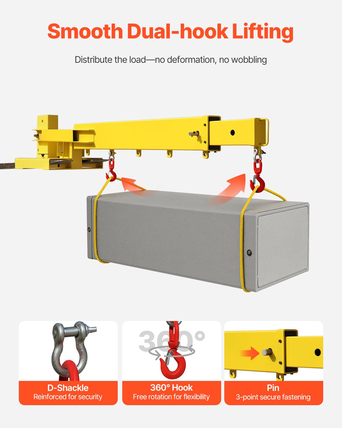 VEVOR Forklift Jib Boom Crane, 5500 lbs Capacity, Forklift Mobile Crane Lifting Hoist with 2 Hooks, Manual Telescopic 47.2-73.5 in, Boom Attachment Towing Handling Equipment for Warehouse & Factories