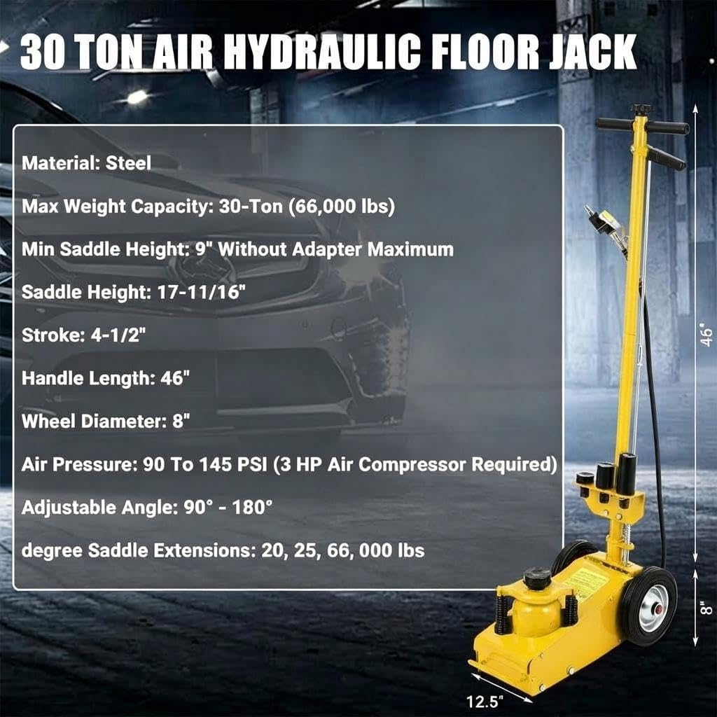 GarveeTech 22 Ton Air Hydraulic Floor Jack for Heavy Duty Trucks & Tractors â Low Profile (9"-17.7"), 4 Adapters, 46" Adjustable Handle â 44,000 Lbs Capacity
