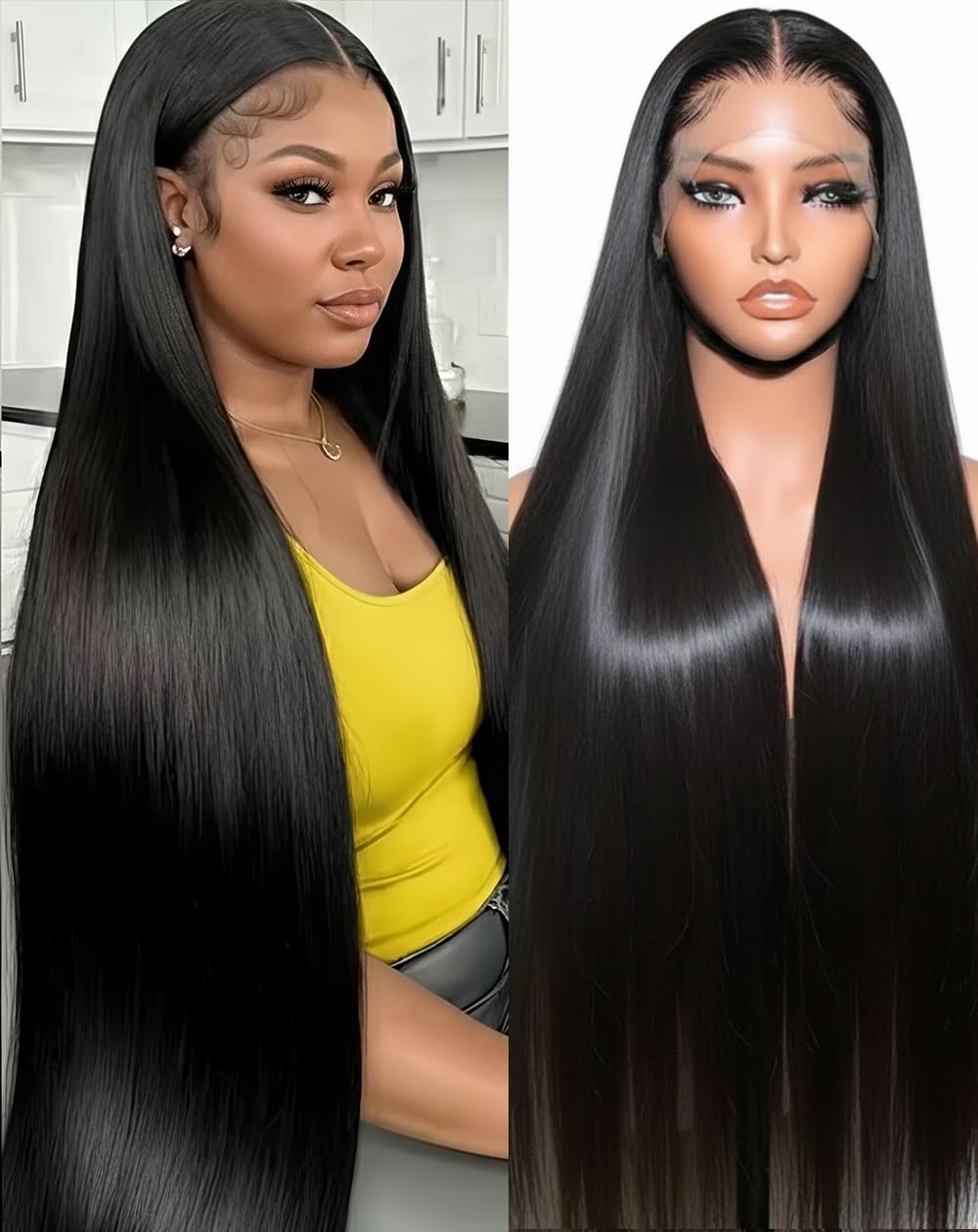 Lace Front Wigs Human Hair 32 Inch 12A Virgin Straight Human Hair Wig 200 Density Soft 13x6 Lace Front Wigs Human Hair Pre Plucked Invisilbe Hairline Glueless HD Frontal Wig Natural Black