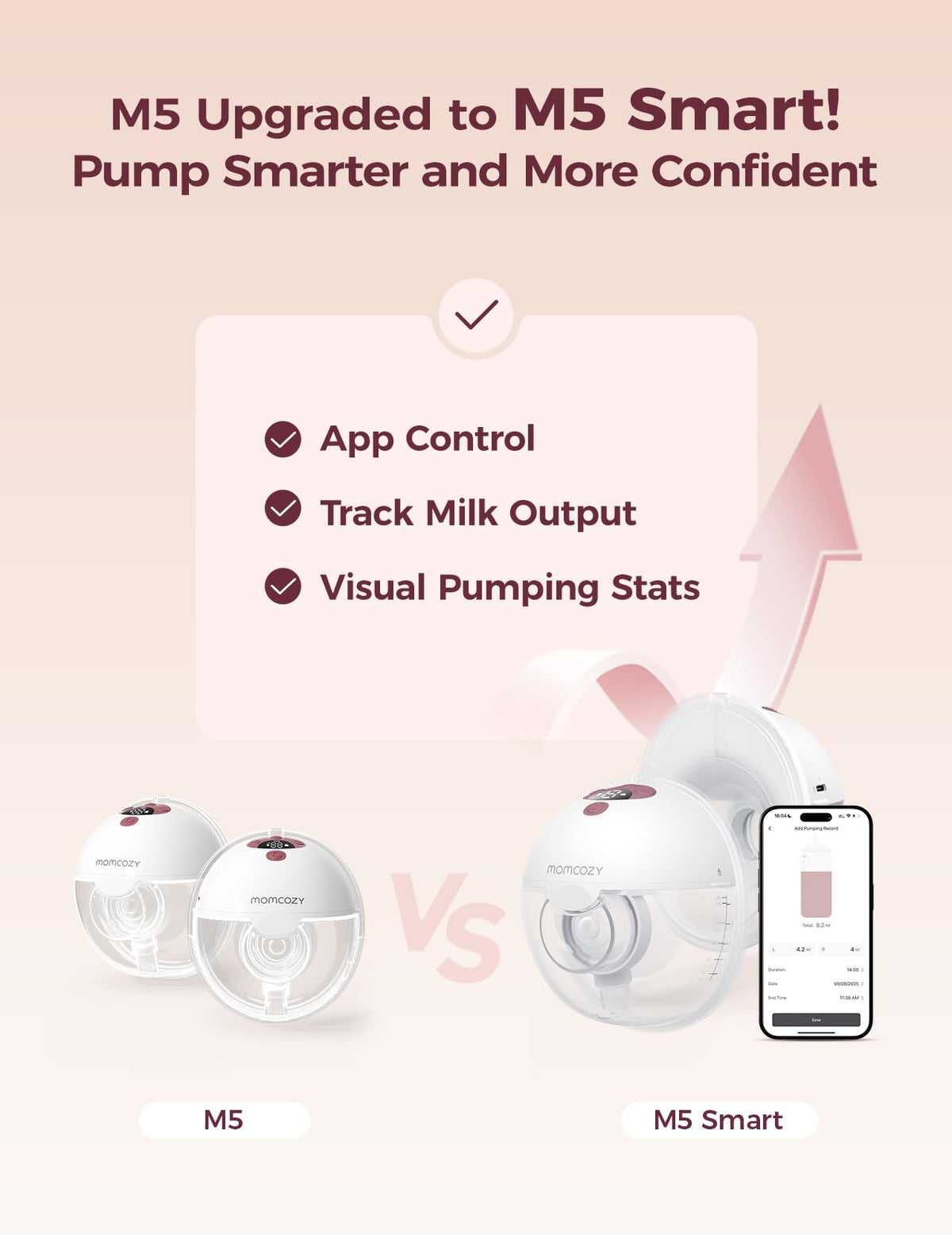 Momcozy M5 Lite Hands-Free Wearable Breast Pump, DoubleFit Flange for Baby-Like Comfort, 3 Modes & 9 Suction Levels, No Flange Insert or Hard Carry Case, 24mm, 2-Pack, Cozy Red