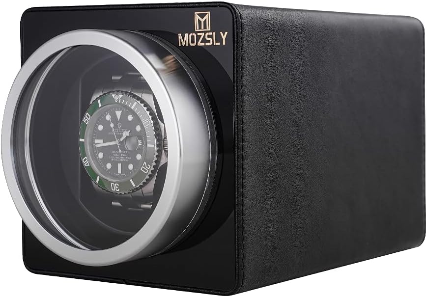 MOZSLY Watch Winder for Automatic Watches Single Rotating Watch Box with Quiet Motor 12 Rotation Mode Setting Battery Powered or AC Adapter PU Leather