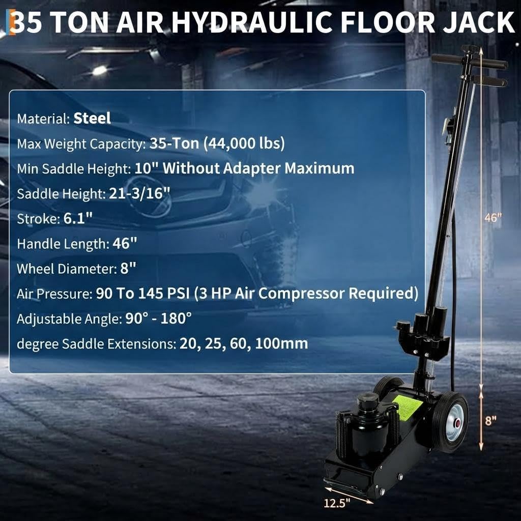 GarveeTech 22 Ton Air Hydraulic Floor Jack for Heavy Duty Trucks & Tractors â Low Profile (9"-17.7"), 4 Adapters, 46" Adjustable Handle â 44,000 Lbs Capacity