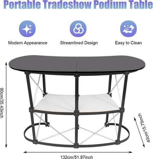 51" Portable Tradeshow Podium Table, Curved Pop Up Desk Tradeshow Podium Table Display Exhibition Counter Stand Booth Fair with Wall for Checkout Exhibition Promotion Retail