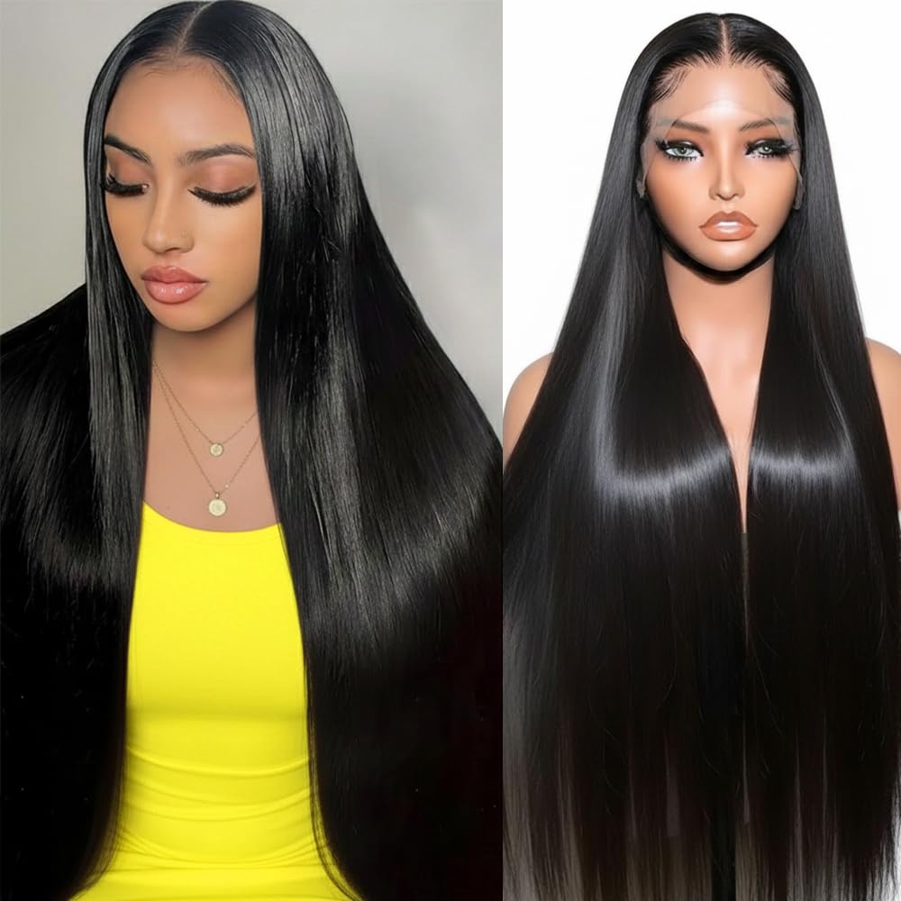 Lace Front Wigs Human Hair 32 Inch 12A Virgin Straight Human Hair Wig 200 Density Soft 13x6 Lace Front Wigs Human Hair Pre Plucked Invisilbe Hairline Glueless HD Frontal Wig Natural Black